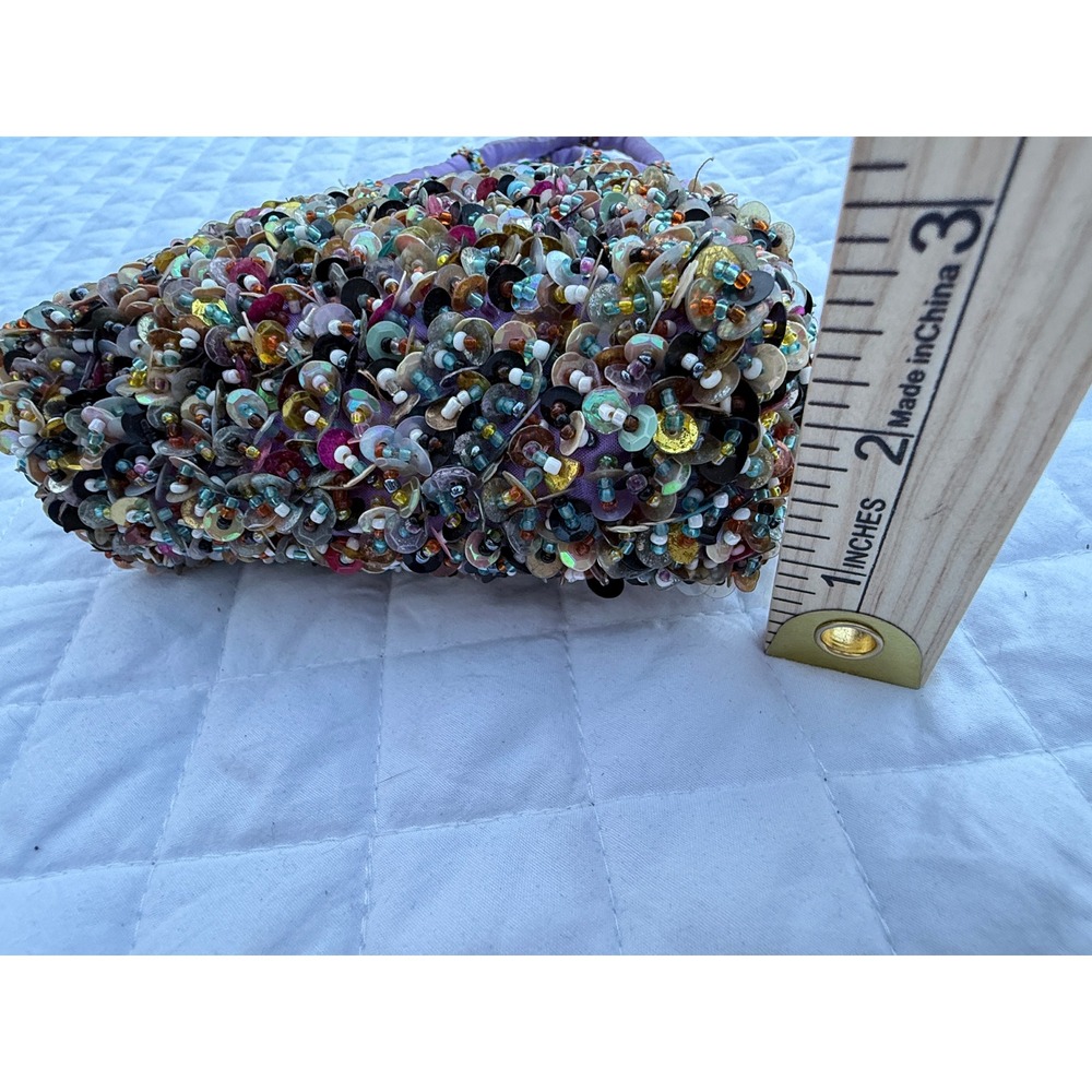 Kitschy Artsty Purple Beaded Sequin Mini Handbag Multi Color Embellished Purse - Picture 11 of 16